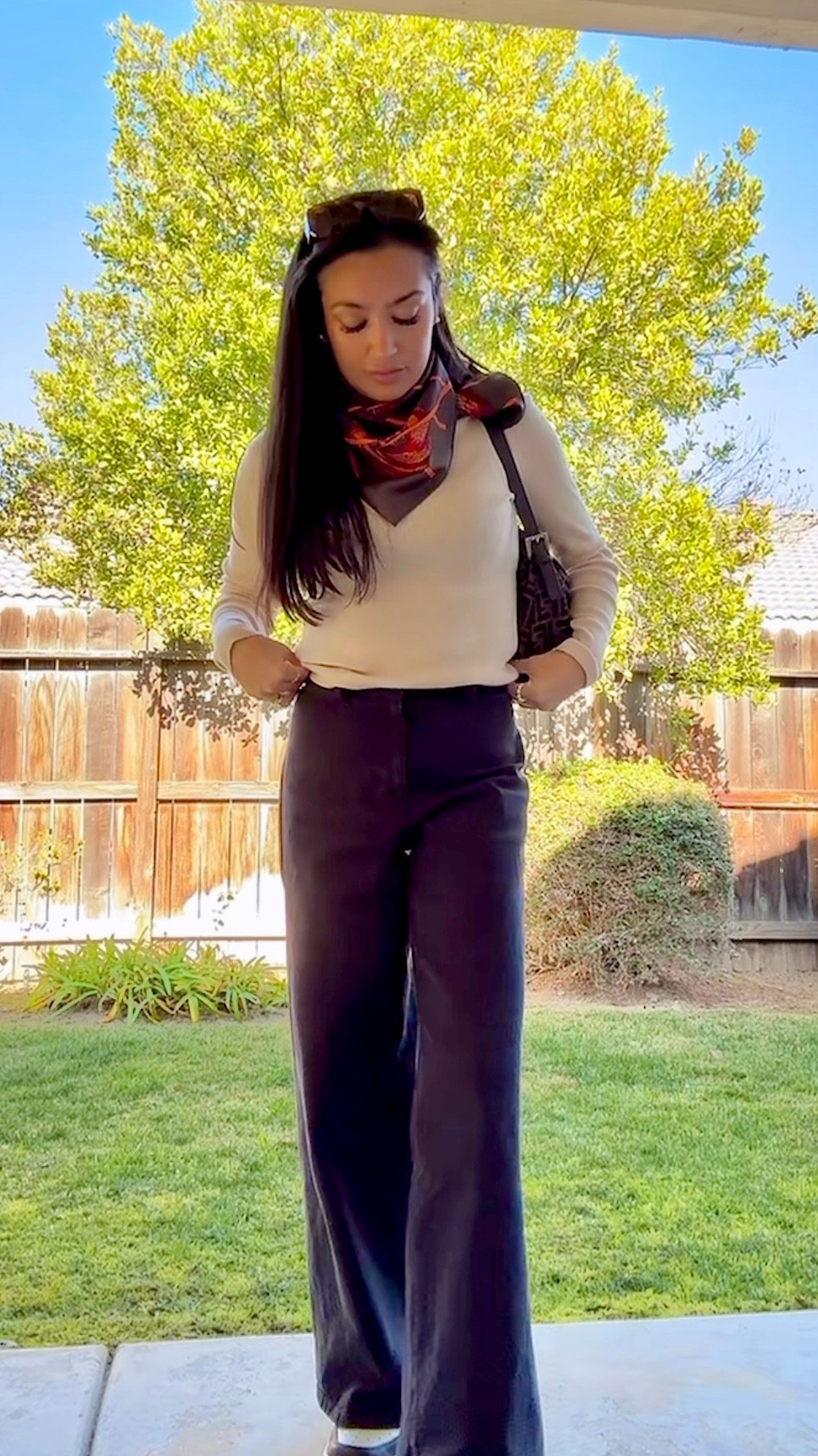 Let’s do a super awkward outfit of the day. Casual, comfy, but not in my beloved sweats 😆

Hermes scarves have become a staple in my wardrobe and something I’ve like to collect. Partially cause they’re art, partially because Ina Garten loves them (I’m in my Ina/Martha era), and largely because they’re so versatile. @whatgoesaroundnyc is one of my go-to places to for scarves and vintage bags. 

Scarf: Hermes “Les Feux de E’Space” from @whatgoesaroundnyc 
Pants: Target
Shoes: Nike x Premium Goods Air Force One “Sophia”
Earrings: Costco - don’t sleep on Costco jewelry!
Rings: @caitlynminimalist  
Bag: vintage Fendi Mama Baguette 

#LTKFindsUnder100 #LTKStyleTip
