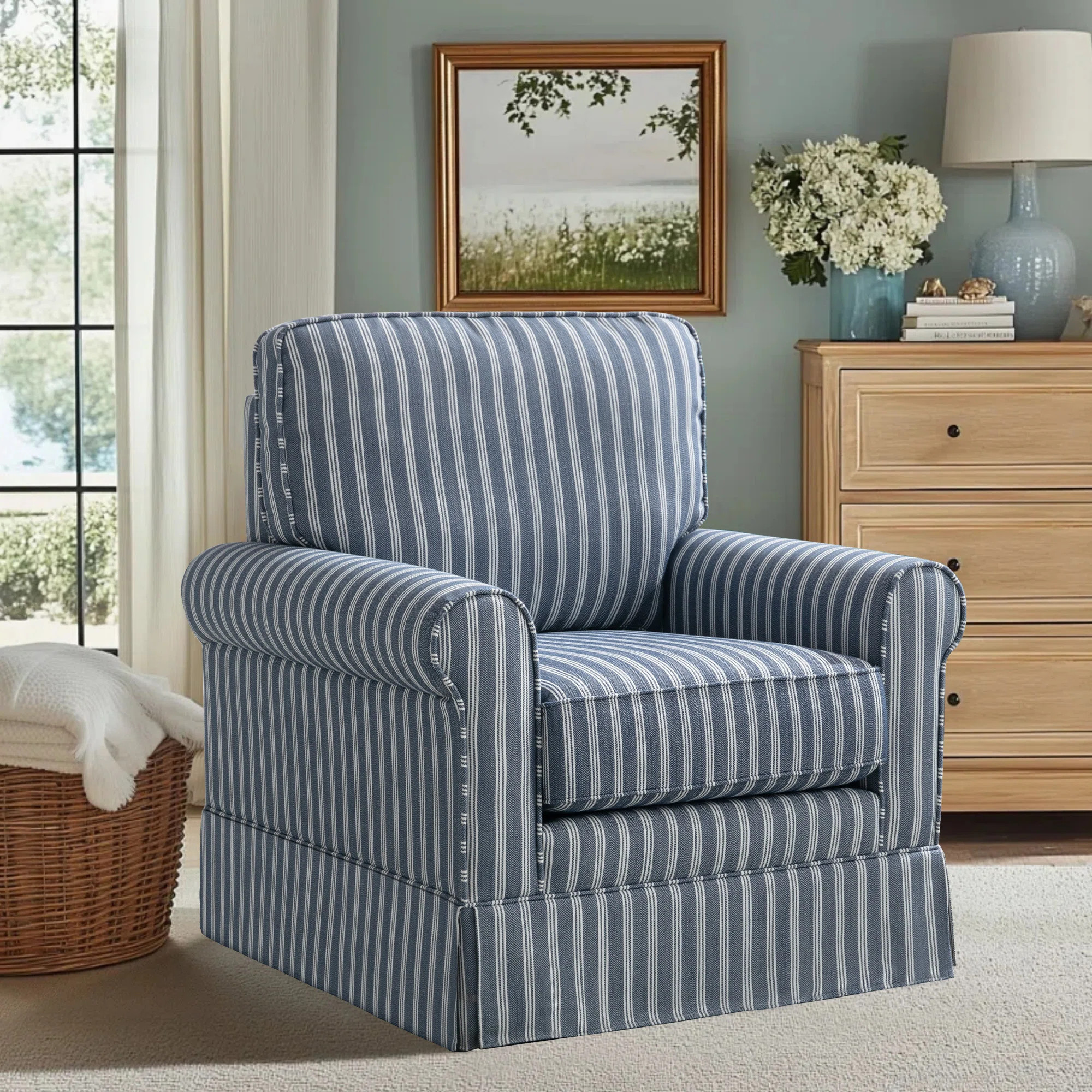 Manel 33.5" W Modern Soft Wide Upholstered Striped Swivel Arm Accent Chair | Wayfair North America