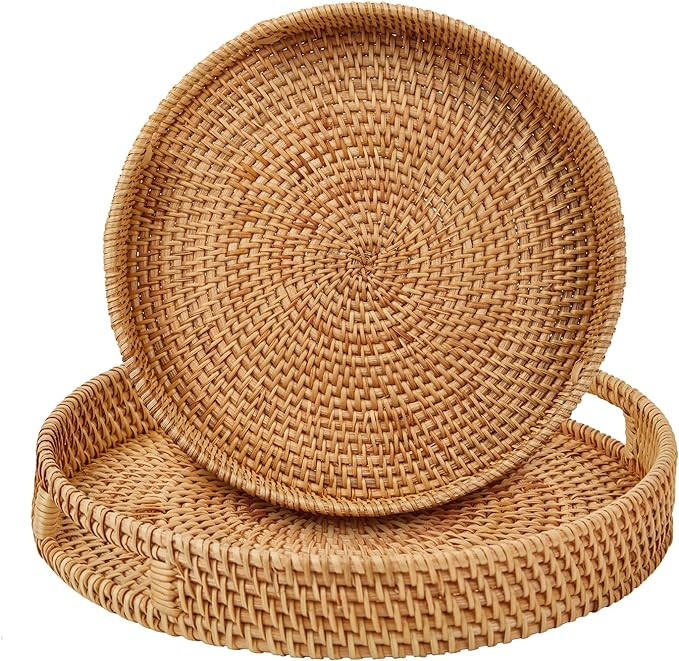 Round Rattan Serving Tray with Handles,2 Hand Woven Basket, Home Decor Organizer Tray for Breakfa... | Amazon (US)