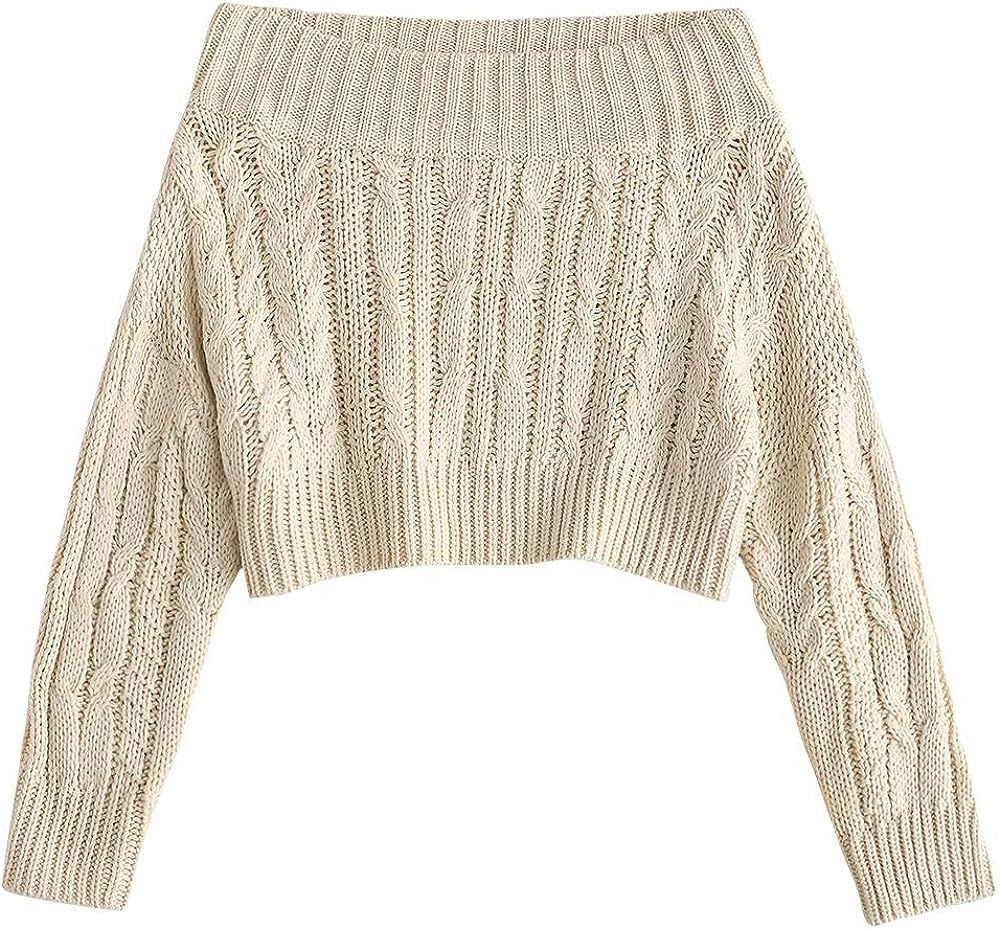ZAFUL Women's Off Shoulder Long Sleeve Chunky Cable Knit Crop Sweater Pullover | Amazon (US)