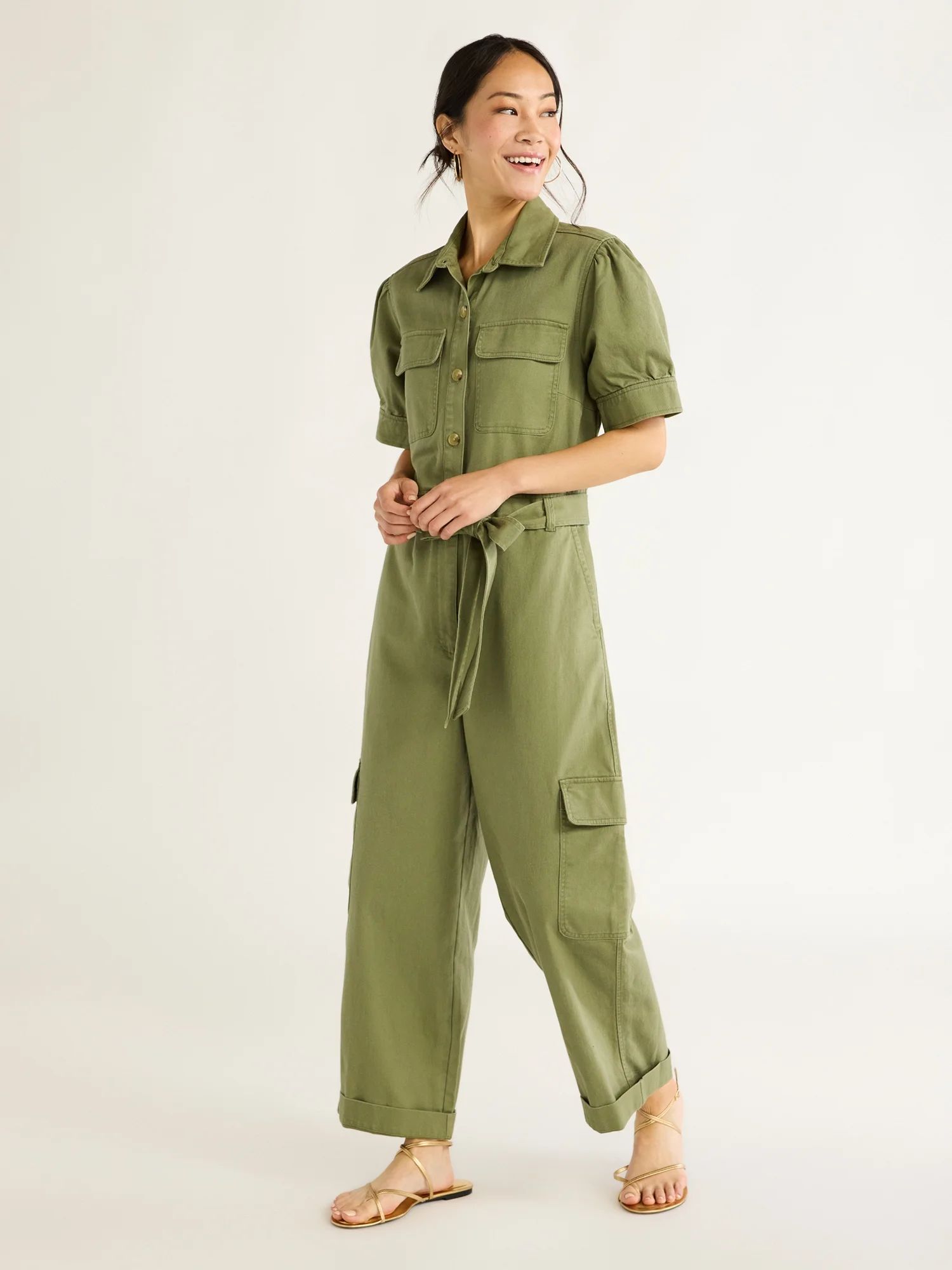 Free Assembly Women's Puff Shoulder Cargo Jumpsuit, Sizes, XS-XXL - Walmart.com | Walmart (US)