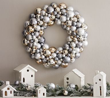 Pre-Lit Faux Frosted Pine and Ornament Wreath & Garland | Pottery Barn (US)