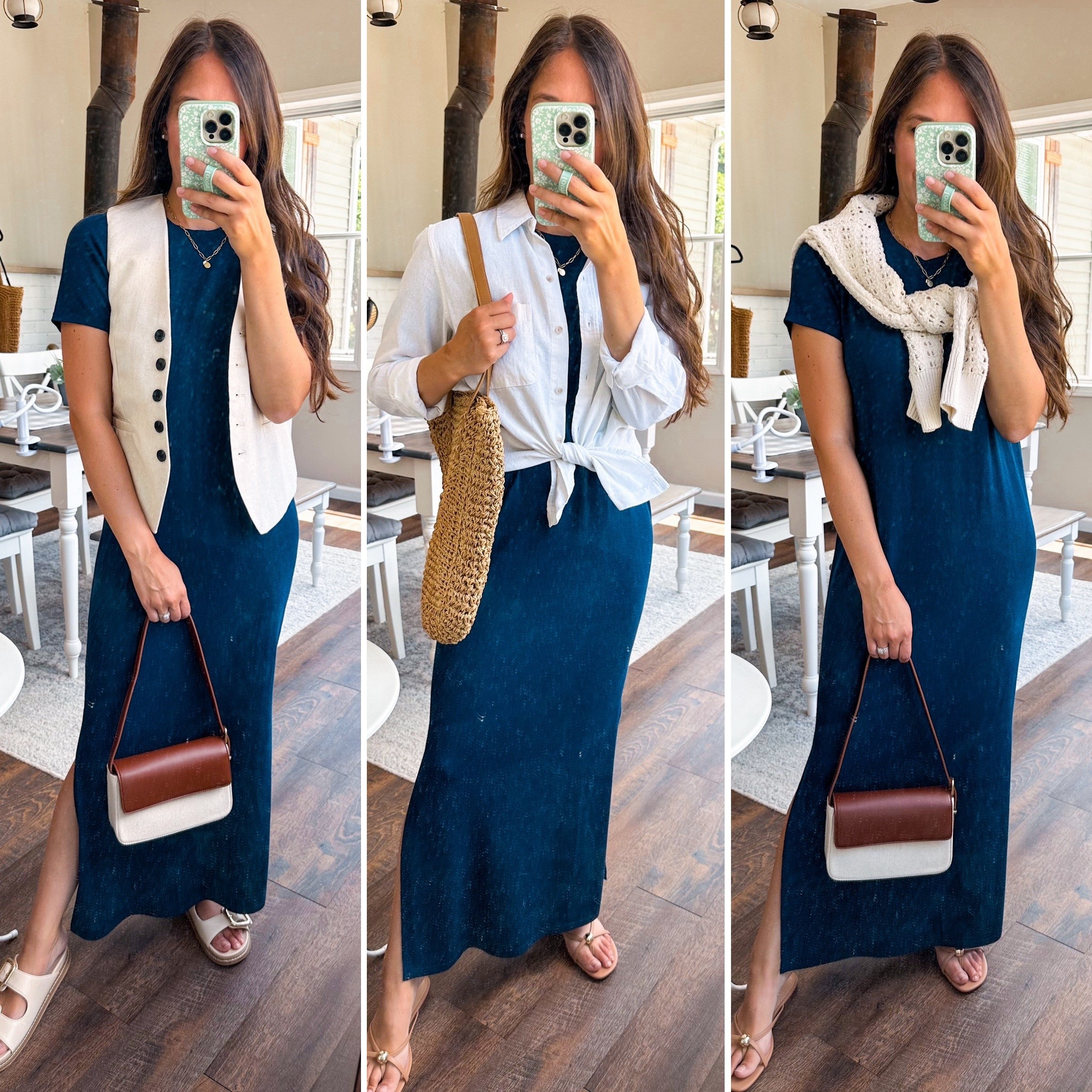 Summer capsule styling! This dress feels like cashmere but without the price tag! Wearing XS 
Linen button down XS 
Vest XS 
Sweater XS 
Shoes tts 

#LTKFindsUnder50 #LTKStyleTip #LTKFindsUnder100