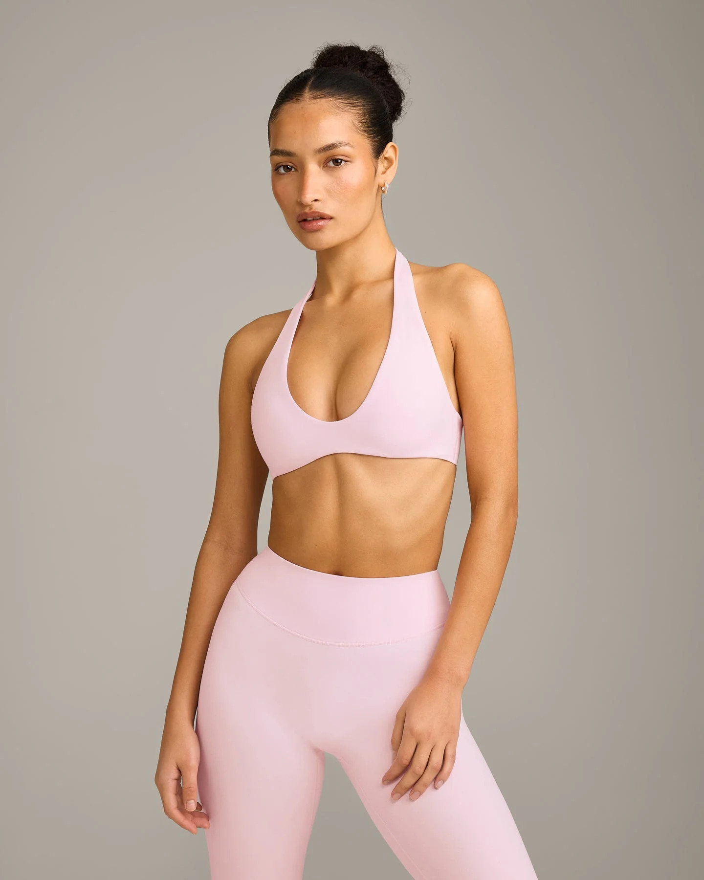 SoftMotion™ Minimal Halter Neck Bralette with Grey Logo 
 Soft Girl Pink | Oner Active (UK / US)