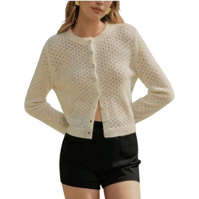 Women's Crochet Cardigan Sweater Cropped Button Down Long Sleeve Casual Top apricot,L | Target