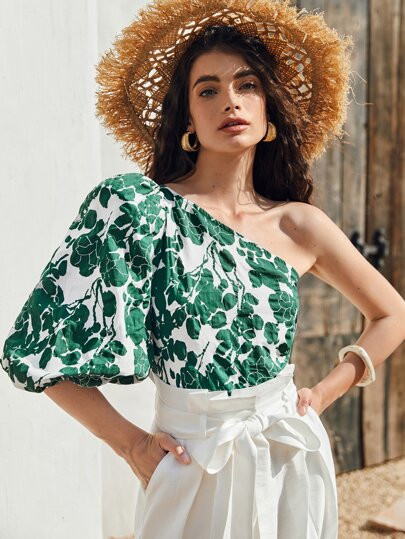 SHEIN Allover Plants Print One Shoulder Top | SHEIN