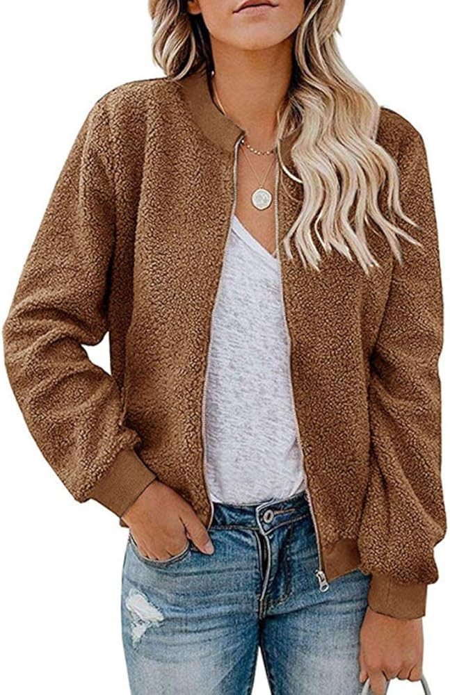 MIROL Women's Sherpa Fleece Jacket Faux Fuzzy Long Sleeve Casual Zip Up Bomber Coat | Amazon (US)