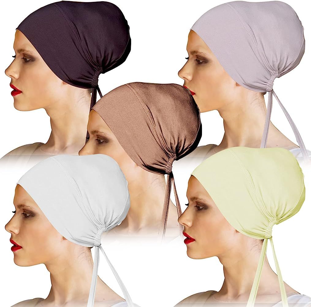 5 Pieces Under Head Caps Hijab Scarf Hat Turban Stretch Tie Back Closure Chemo Bonnet Dreadlocks Hea | Amazon (US)