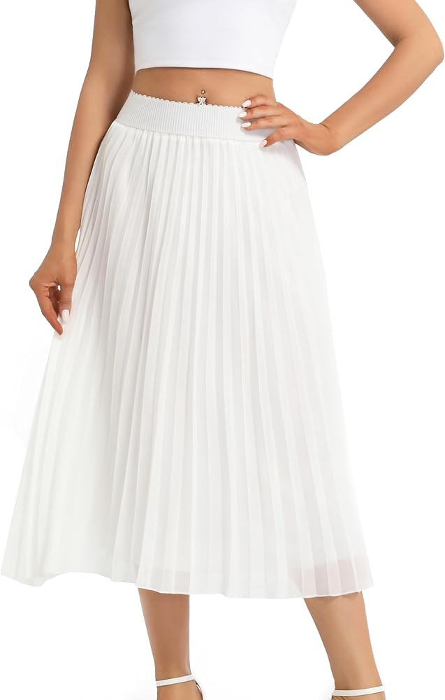 TEERFU Womens Pleated Skirt Ladies Midi Summer Casual Evening Elasticated Waist Party Swing Skirt | Amazon (UK)