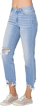 Judy Blue Women's Mid Rise Destroyed Hem Boyfriend Jeans | Amazon (US)