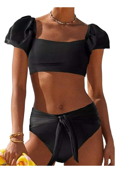 Hilinker Women's High Waisted Swimsuit Puff Sleeve Tie Knot Swimwear 2 Piece Bathing Suit | Amazon (US)
