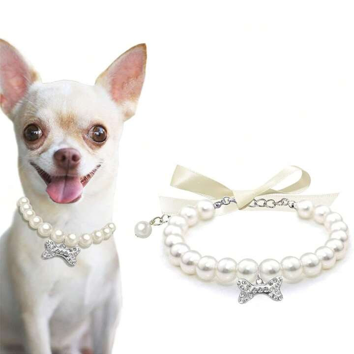 1 piece white dog and cat pearl collar necklace with rhinestone bone, exquisite cat wedding colla... | SHEIN