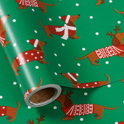 LeZakaa 30in x 32.8Ft Christmas Dachshund Wrapping Paper Jumbo Roll, Dachshund Dressed in Festive Customes, White Snow-dot Xmas Green Design, Holiday Party Gift Wrap for Kids Boys Girls | Amazon (US)