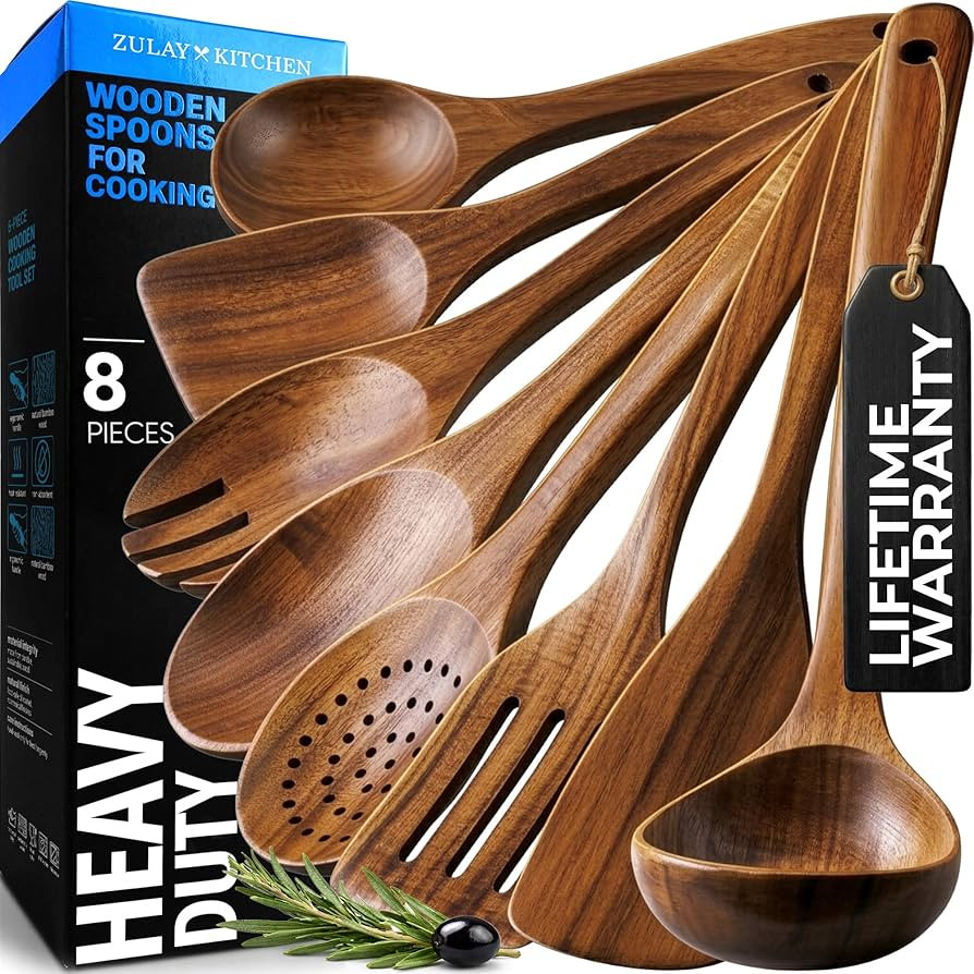 Zulay Kitchen Premium 8-Piece Wooden Spoons - Smooth Finish, Natural Teak Wood, Non-Stick, Handma... | Amazon (US)
