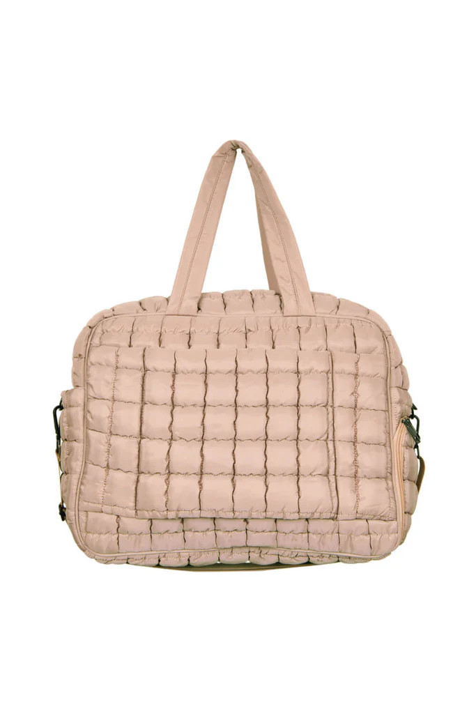 Tan Quilted Duffel Weekender Bag w/ Pass-Thru Slip | Katydid.com