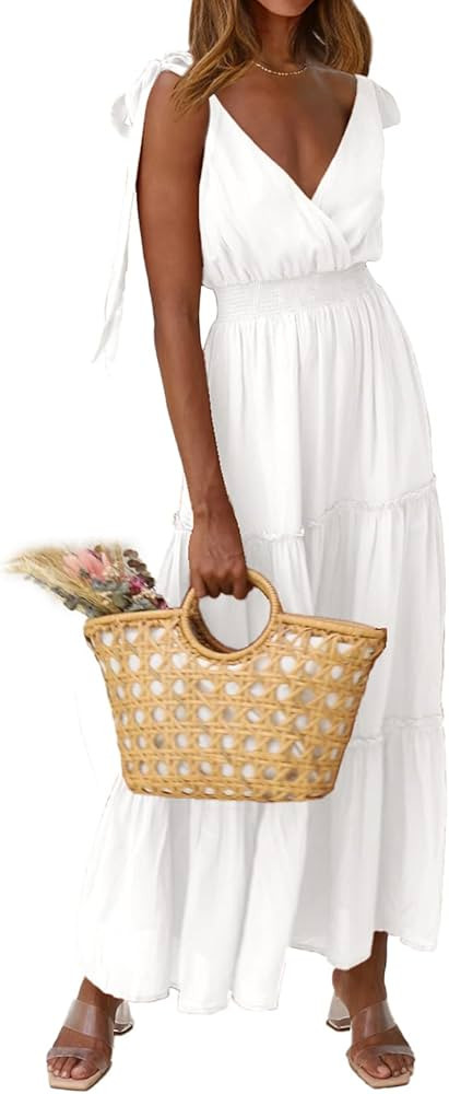 PRETTYGARDEN Women's Cross Neck Summer Sleeveless Tiered Maxi Dress Beach Tie Strap Smocked Long Dre | Amazon (US)
