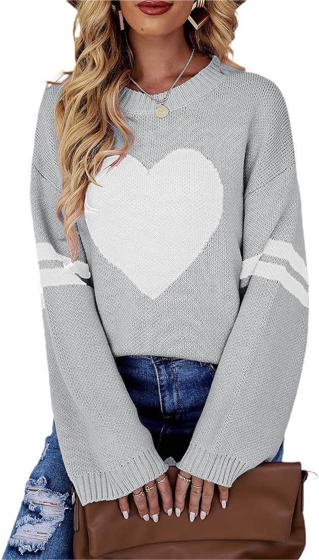 Mxiqqpltky Heart Print Sweater for Women Long Sleeve Crewneck Valentine's Day Knitted Pullover Lo... | Amazon (US)
