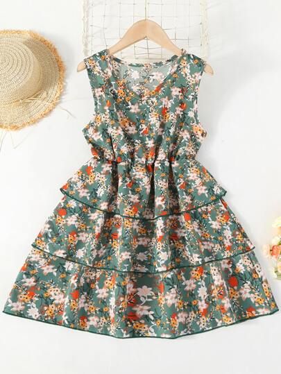 Girls Floral Print Layered Ruffle Hem Dress | SHEIN