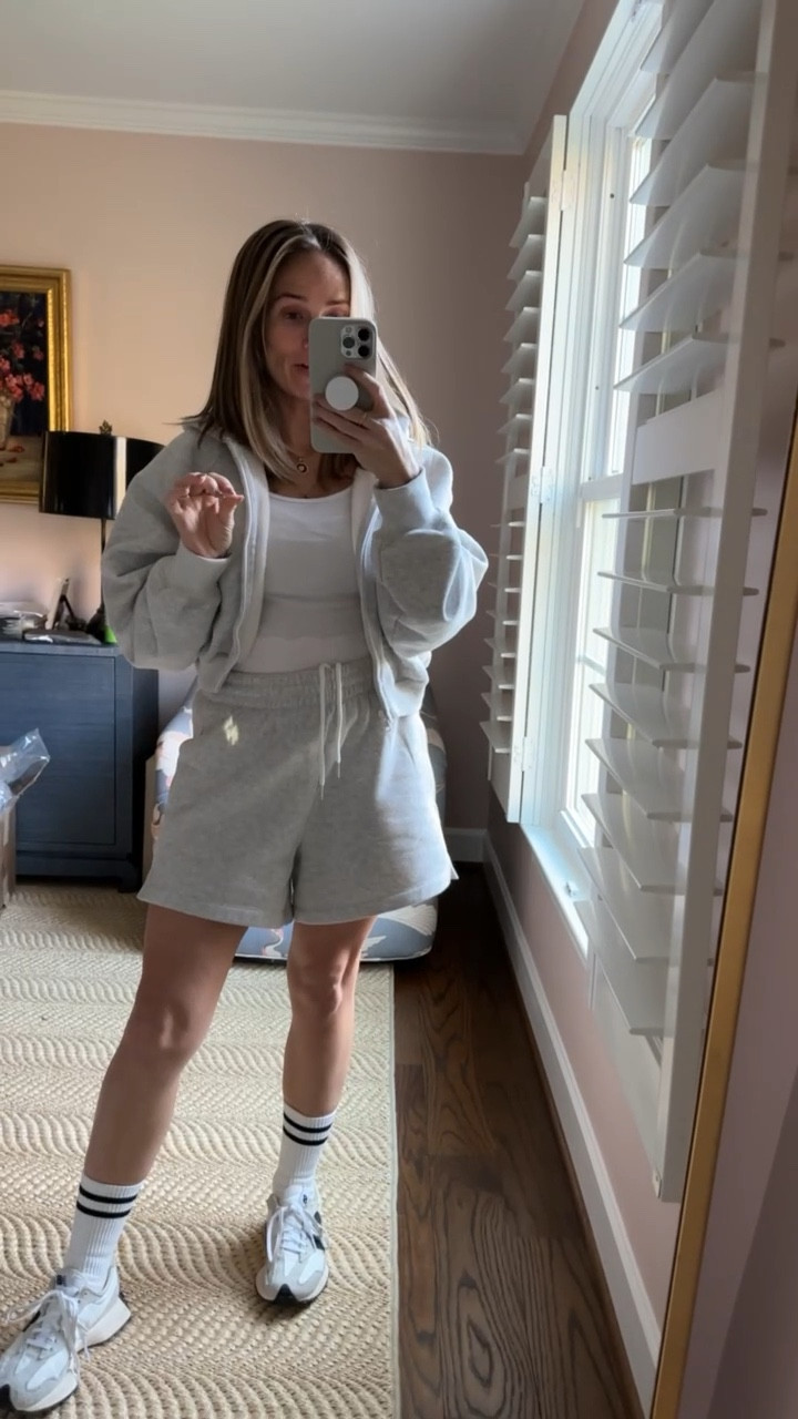 Abercrombie shorts sweat set. I LOVE this material. It’s thicker, so it’s great for now and into early spring. I have a small in the shorts and the jacket. Size 7 in the sneakers, which is a half size up from my regular. 

#LTKSeasonal #LTKstyletip