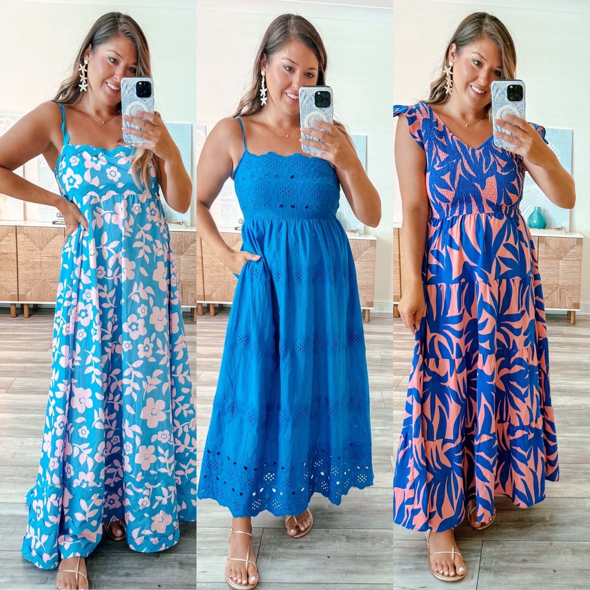 Summer dresses, vacation dresses, maxi dresses, resort wear 

Wearing larges and medium in middle (could do medium in all)