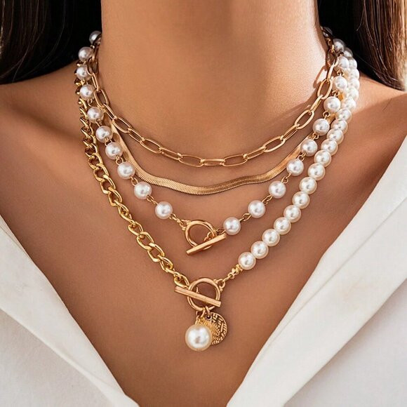 Gold Women's Elegant Chain Necklace With Artificial Pearls Versatile Jewelry | Poshmark