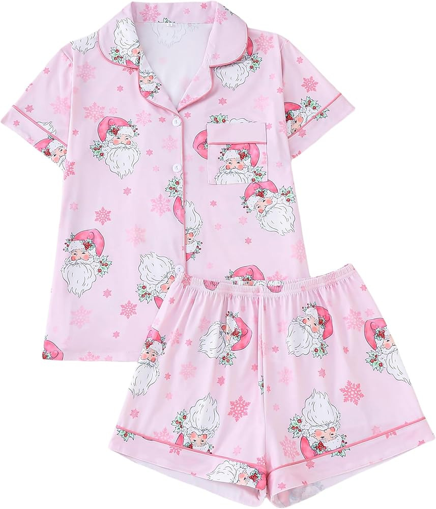 Christmas Essentials Santa Claus Print Women's Pajama Set Short Sleeve with Button Pocket and Cas... | Amazon (US)