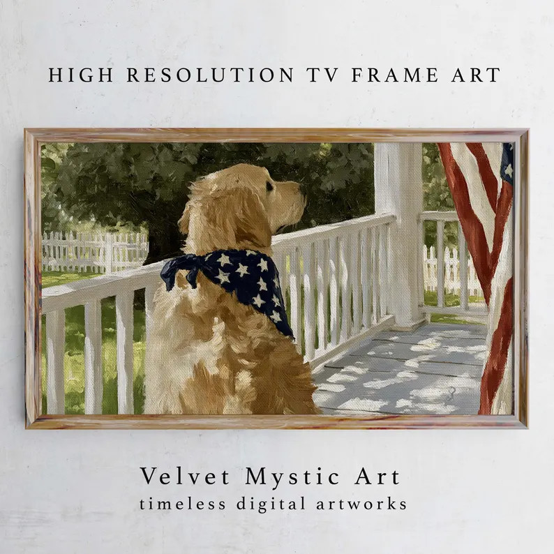 4th of July Samsung TV Frame Art, Patriotic Golden Retriever Wall Art, American Flag Dog TV Frame... | Etsy (Global)