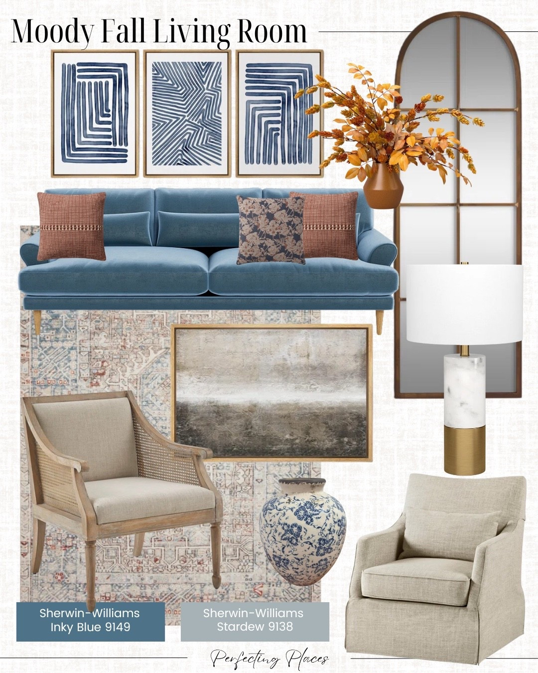 Update your fall living room with this cozy and moody design plan. Featuring a blue velvet sofa, a mix of traditional and contemporary art, brass lamp, cozy Chris Loves Julia Jules  Loloi Area  Rug, cozy seating, and more.

#LTKStyleTip #LTKSeasonal #LTKHome