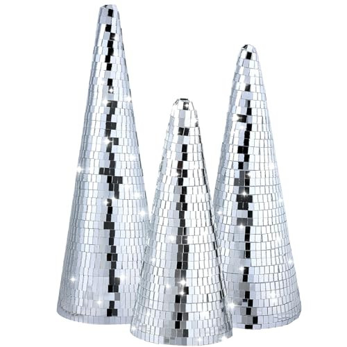Ceenna 3 Pcs Disco Christmas Decor Cone Tree 13" 11" 9.8" Silver Mirror Christmas Cone Tree 80s 90s Xmas Table Centerpiece Decoration Handmade Shiny Tabletop Xmas Craft Ornament Birthday Home Decor | Amazon (US)