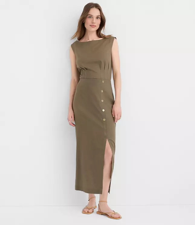 Linen Cotton Button Trim Midi Skirt | LOFT