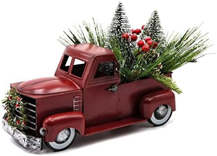 Vintage Red Truck Christmas Décor with Flocked Tree Red Berry Pine Cone, Farmhouse Metal Pickup ... | Amazon (US)