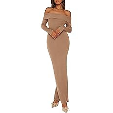 PRETTYGARDEN Women's 2025 Fall Sweater Dress Long Sleeve Off Shoulder Slit Maxi Bodycon Cocktail ... | Amazon (US)