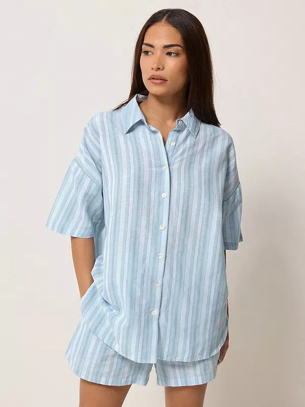 PixieGirl Petite Stripe Short Sleeve Shirt Containing Linen - Blue | Very (UK)