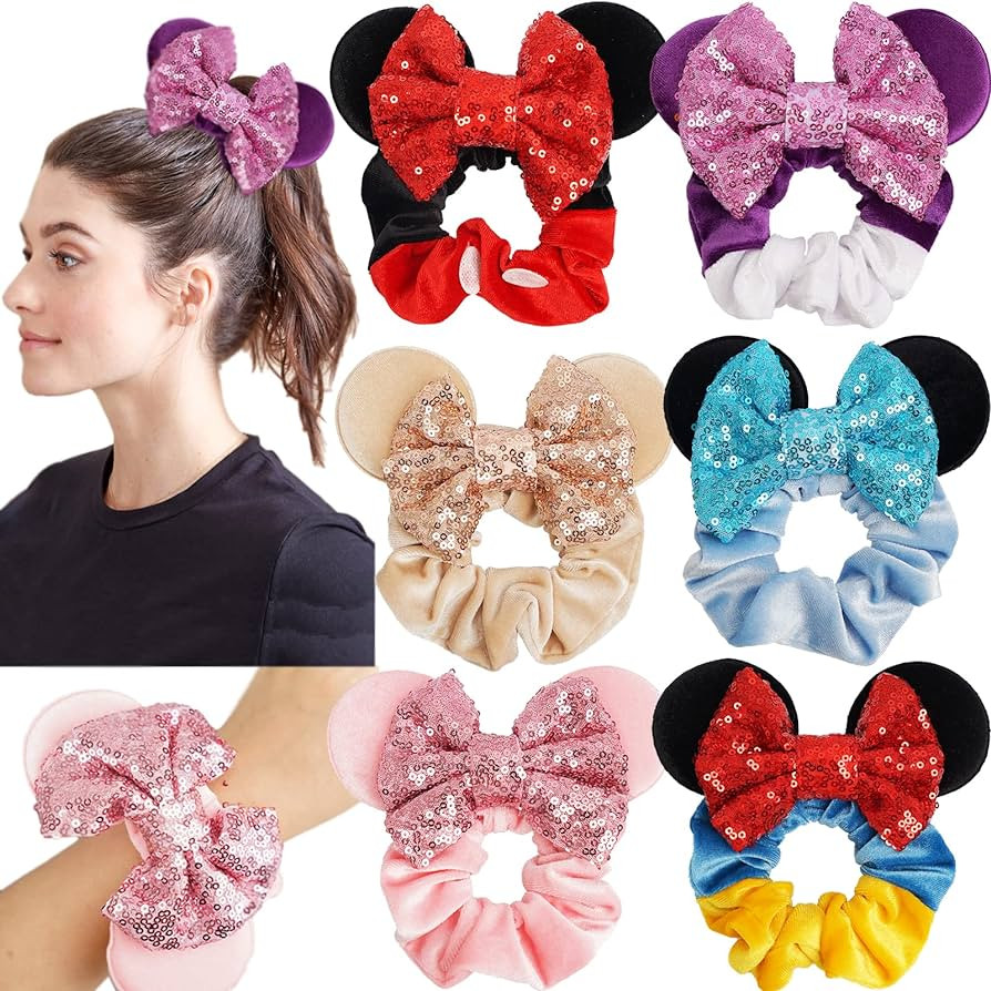 6 Pack Mouse Ears Scrunchies Velvet Sparkle Sequin Bows Hair Scrunchies Hair Ties Elastic Rubber ... | Amazon (US)