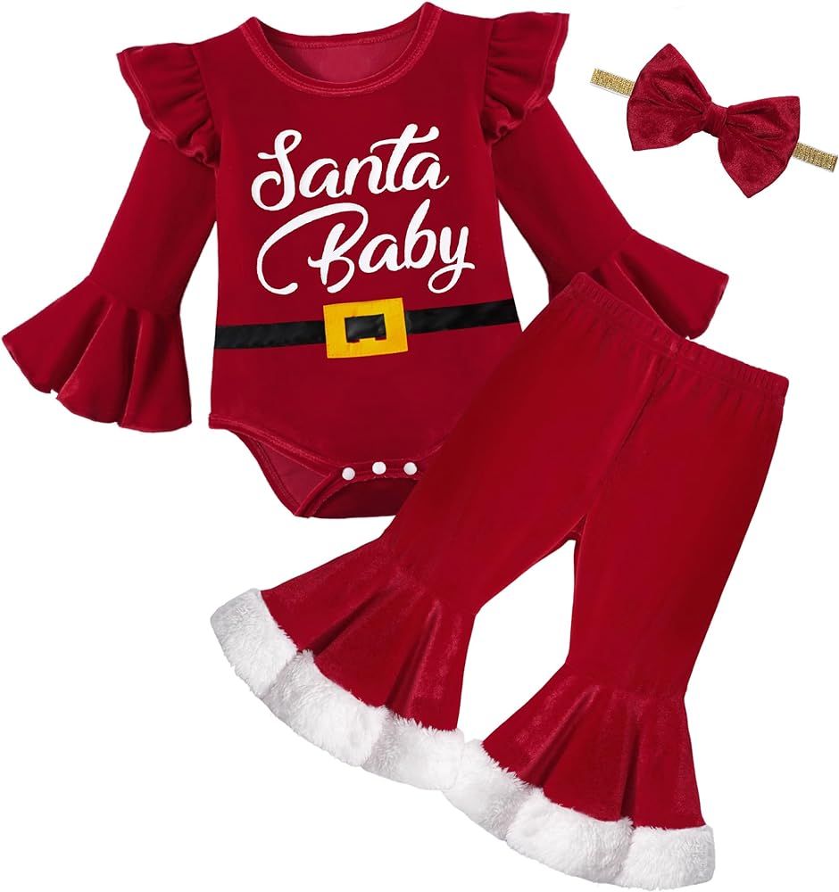 Oranchids Baby Girl Christmas Outfit My First Christmas Ruffle Sleeve Santa Baby Romper + Velvet ... | Amazon (US)