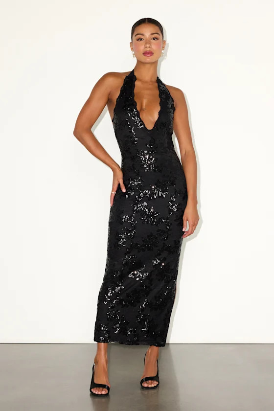 Adelia Black Lace Sequin Plunging Maxi Dress | Lulus