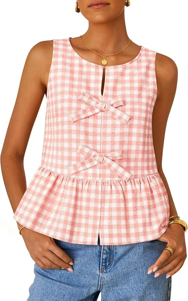 ZESICA Women's Summer Sleeveless Gingham Tank Tops 2026 Crewneck Tie Front Top Loose Ruffle Peplu... | Amazon (US)