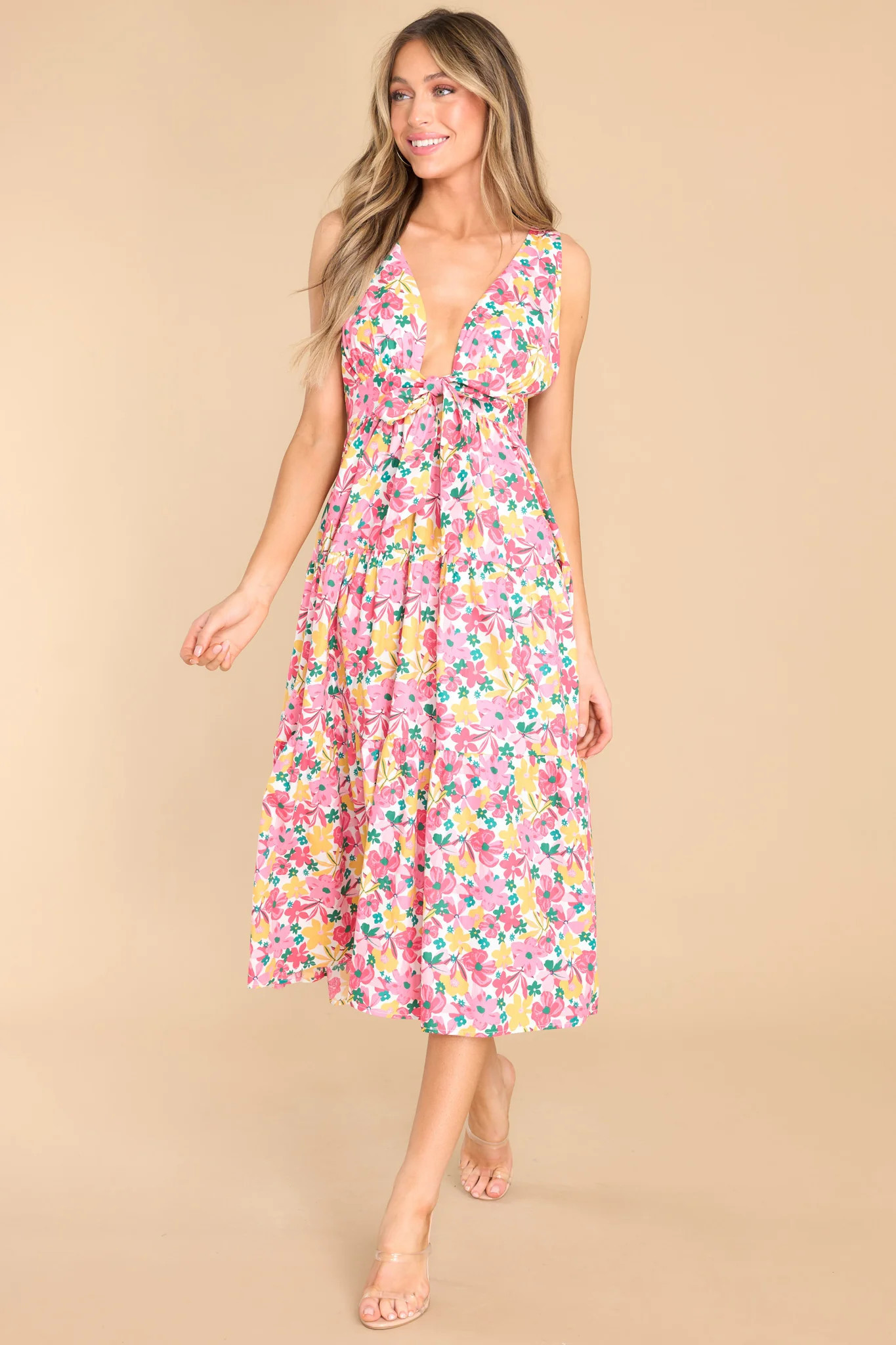 Sweetest Showers Pink Multi Floral Midi Dress | Red Dress 
