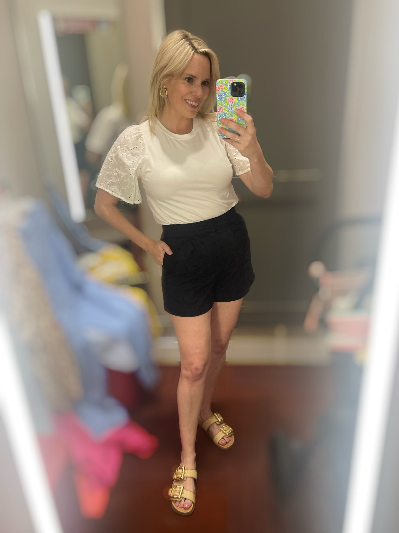 Eyelet sleeve t-shirt, black shorts, eyelet shorts 

#LTKOver40 #LTKFindsUnder50 #LTKFindsUnder100