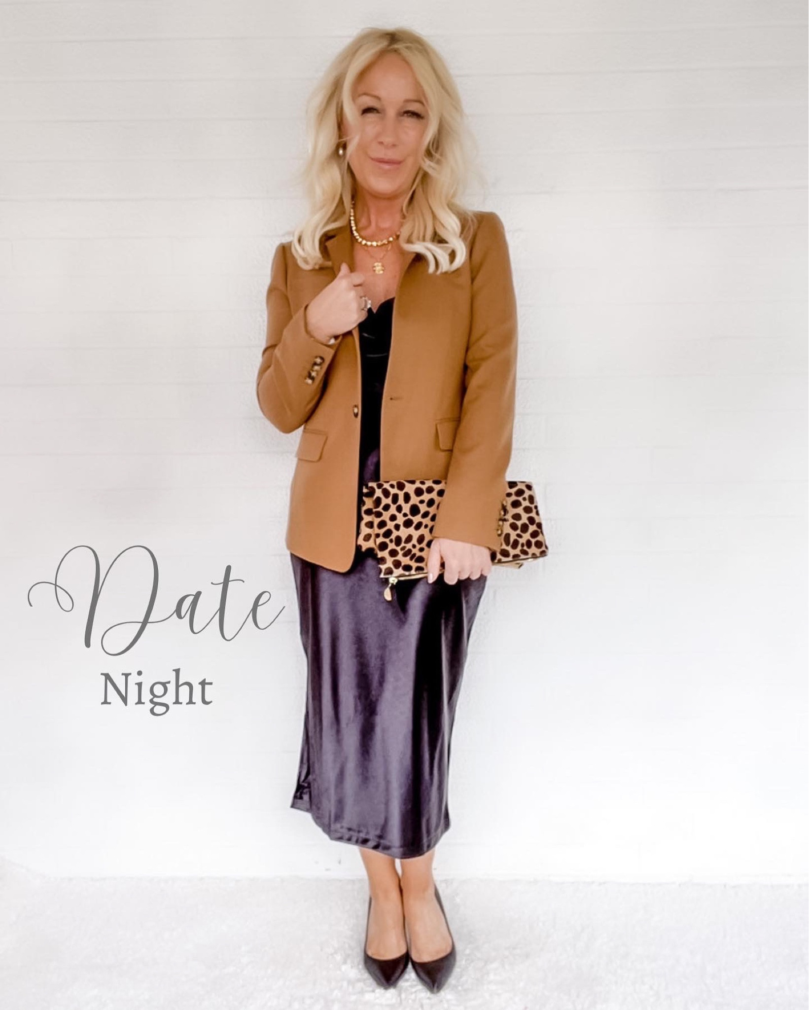 Date Night Outfit. 5’1 4P:
- Camel Blazer 6P (runs small)
- Black satin slip dress S
- Leopard clutch

#LTKworkwear #LTKunder50
