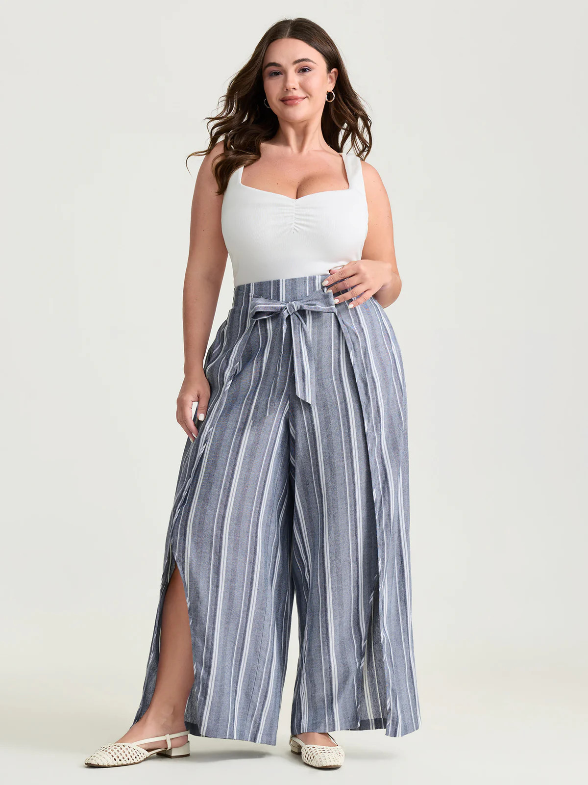 Cotton Nautical Stripe Slit Waist-Tie Pants | Bloomchic