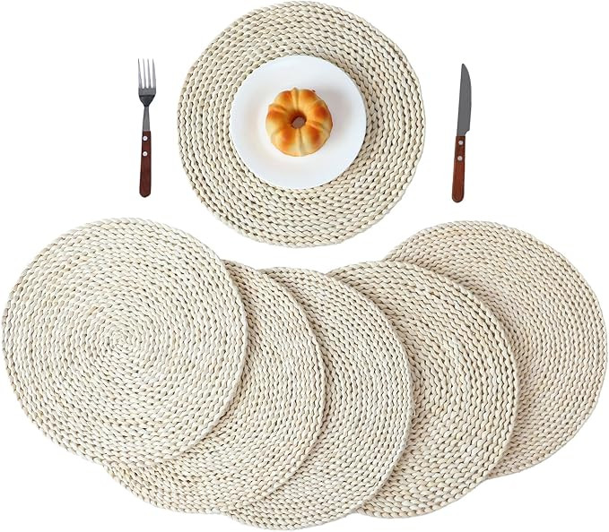 YRMT Round Woven Placemats Set of 6 Whitewashed Water Hyacinth Placemat Braided Straw Place Mats ... | Amazon (US)