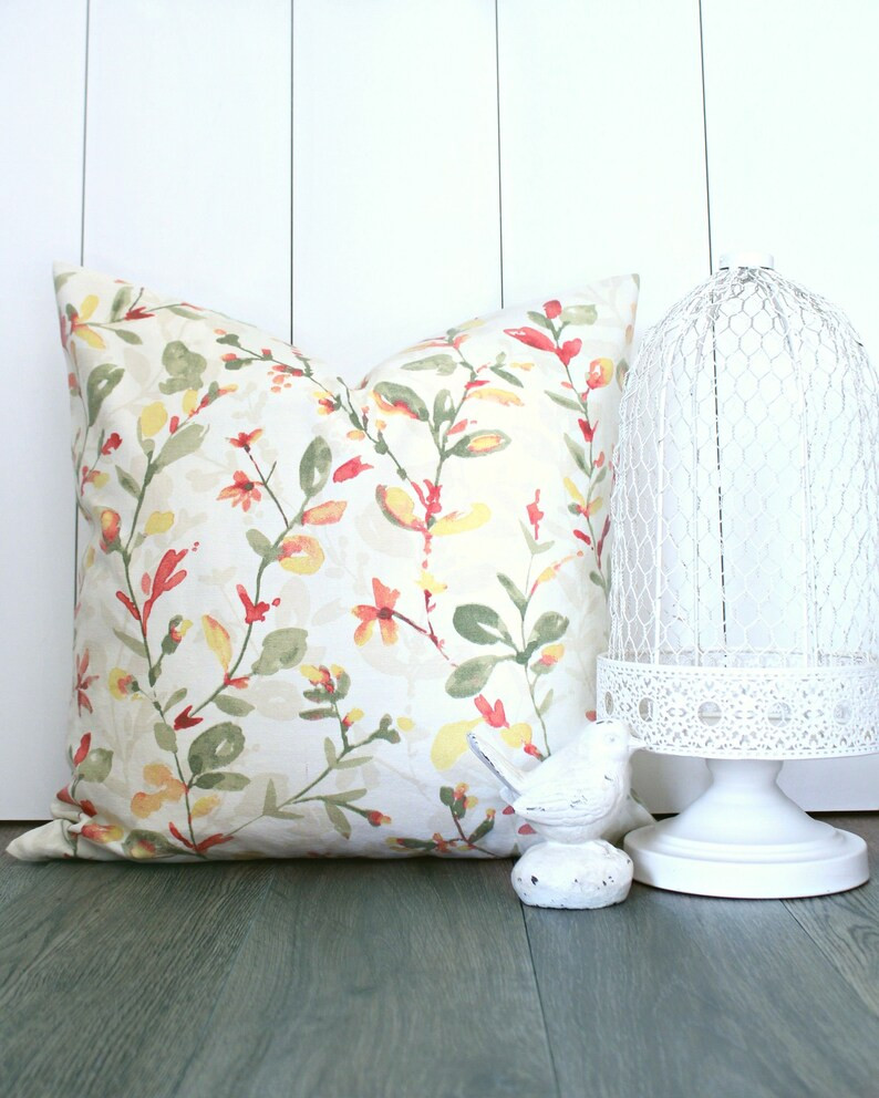 Floral Pillow Cover with Shades of Pink, Yellow, Green and Beige on a Cream Background. Spring Su... | Etsy (US)