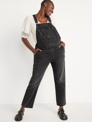 Slouchy Straight Black-Wash Workwear Non-Stretch Jean Overalls for Women | Old Navy (US)