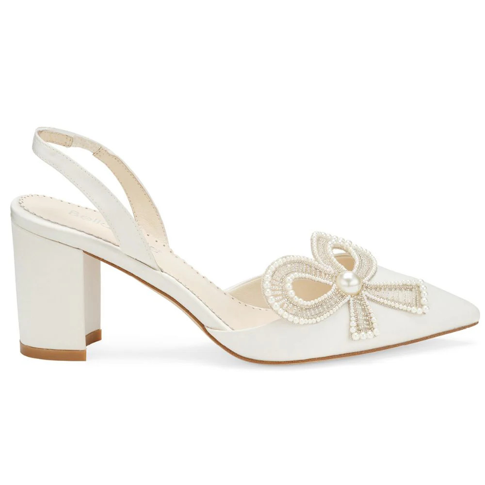 Slingback Wedding Shoes with Bow and Block Heel (includes Removable Ankle Strap) | Bella Belle Shoes