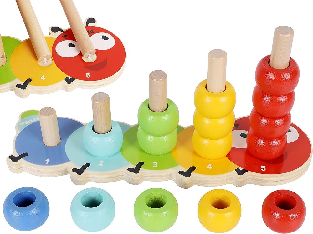 TOWO Wooden Stacking Rings Baby –Lovely Caterpillar Counting Game - Colour Sorting Puzzle - 5 P... | Amazon (US)
