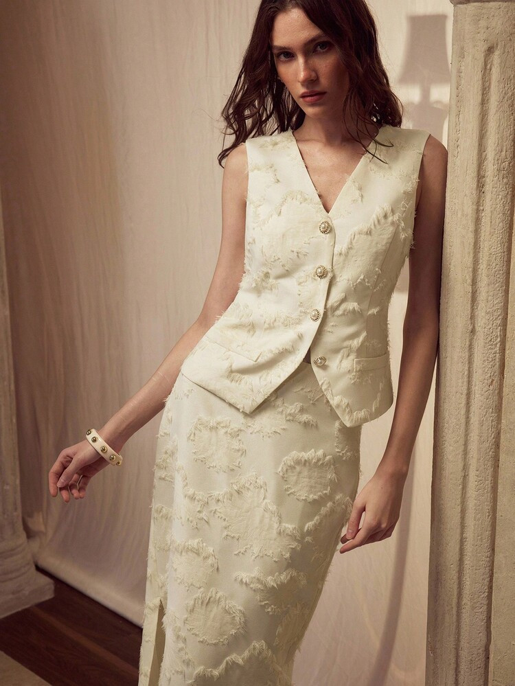 MOTF PREMIUM FRINGE TEXTURE WAISTCOAT & SPLIT SKIRT 2 PIECES SET | SHEIN