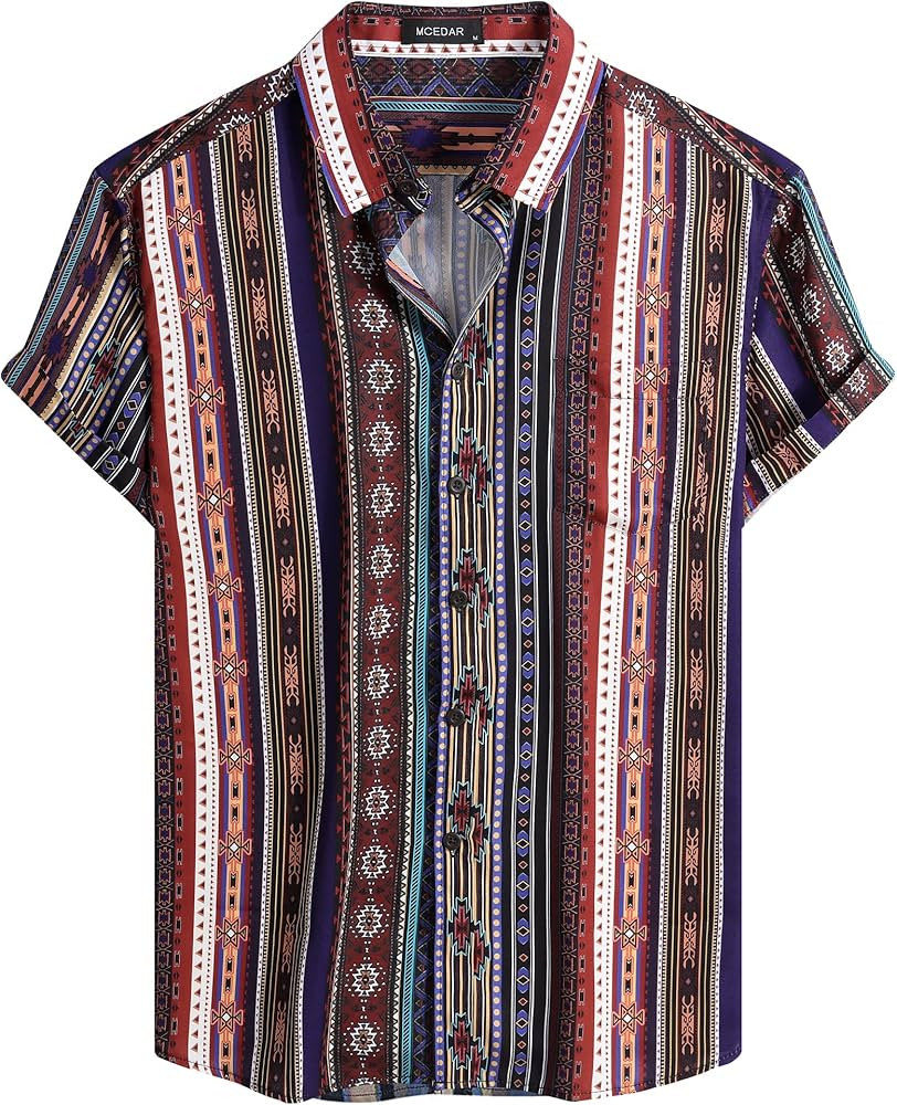 MCEDAR Mens Casual Short Sleeve Button Up Vintage Summer Hawaiian Beach Vacation Shirts (Size S-5... | Amazon (US)