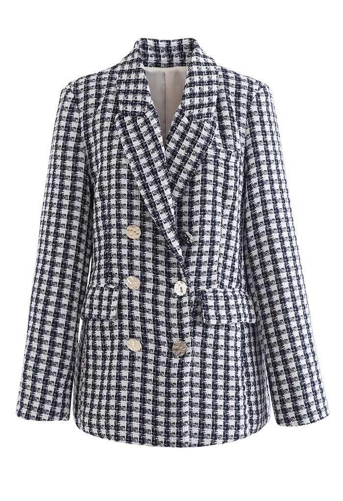 Gingham Textured Double-Breasted Blazer | Chicwish