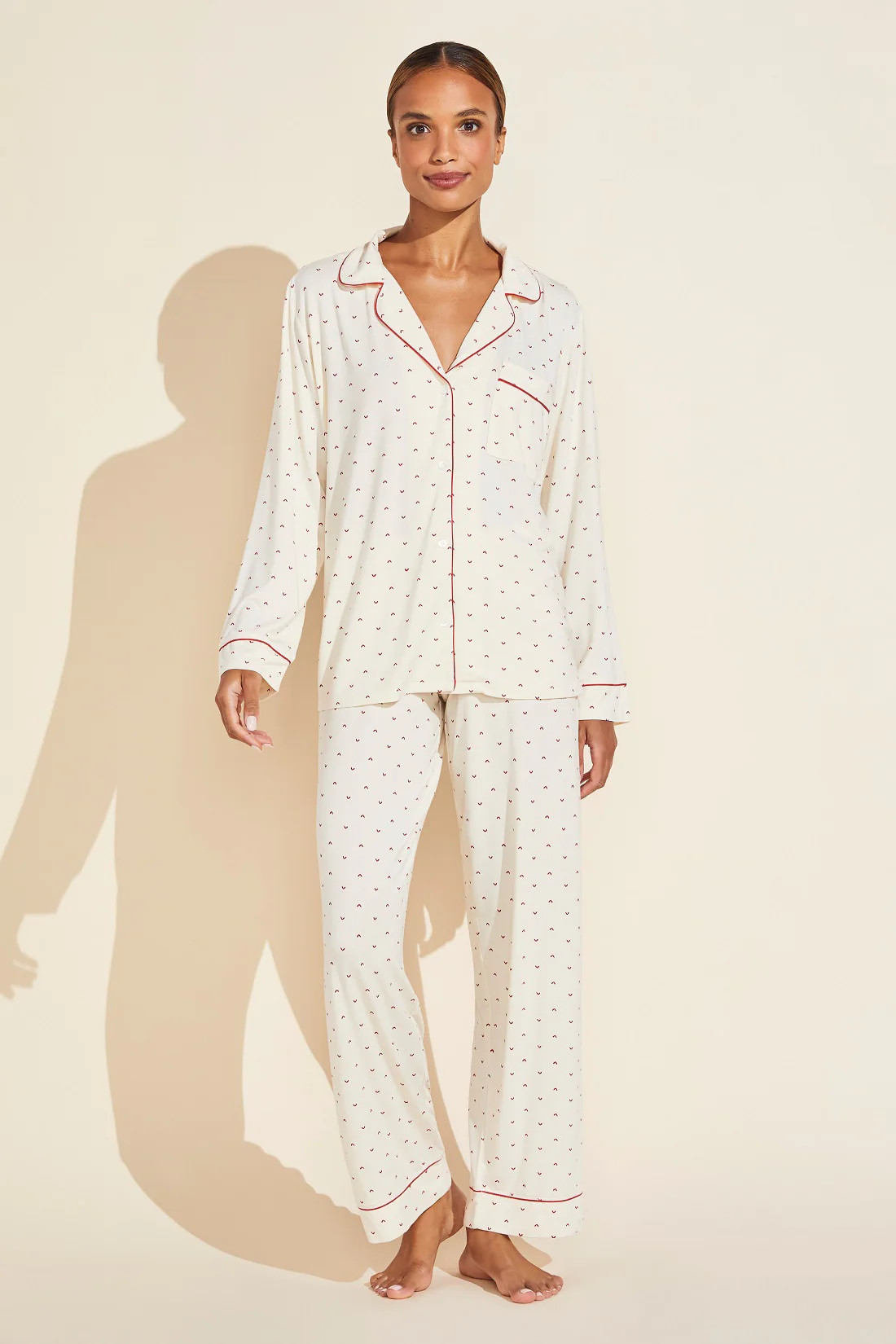 Gisele Printed TENCEL™ Modal Long PJ Set - Envelope Heart Bone/Haute Red | Eberjey